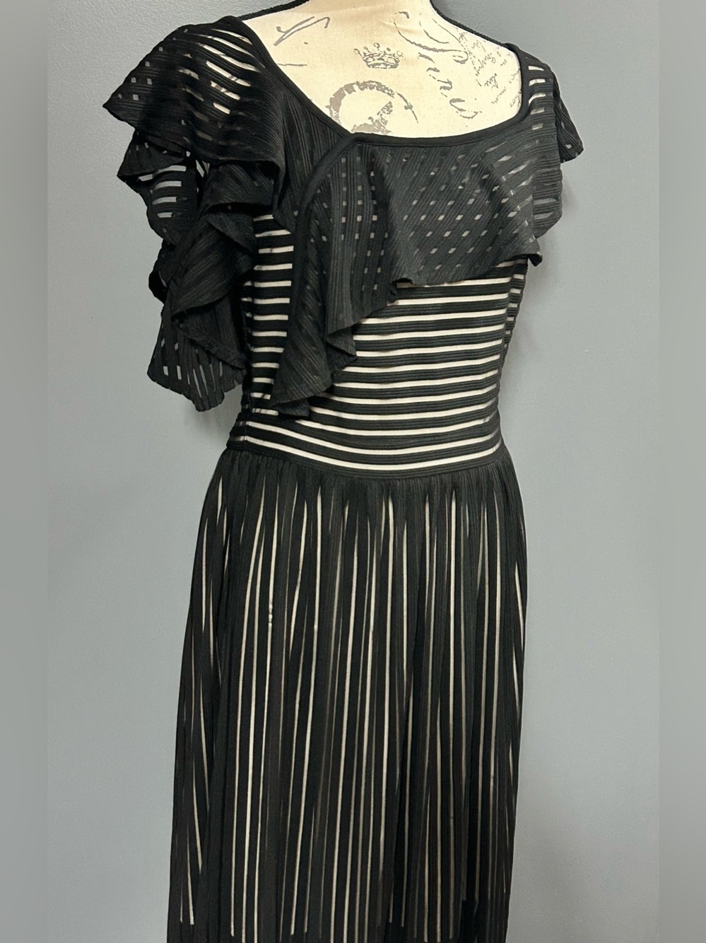 Gianni Bini Black and Cream One-Shoulder Ruffle Dress